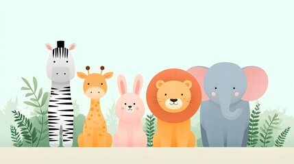 Obraz premium Collection of adorable cartoon illust ns featuring a zebra giraffe rabbit lion and elephant standing side by side against a soft green foliage filled background