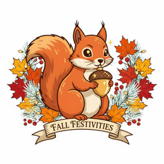 Autumn squirrel cute animal woodland acorn fall leaves berries pine branches banner festive illustration Joyful autumn squirrel holding acorn with