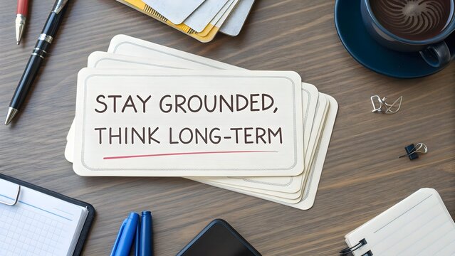 Cards with motivational text on a wooden desk from a topdown view