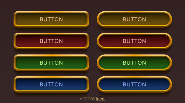 A set of glossy 3D-style buttons with golden frames and varied colors, ideal for game UI or modern web design.
