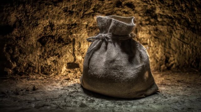 A rough-textured burlap sack tied with twine sits inside a dark, earthy cave setting
