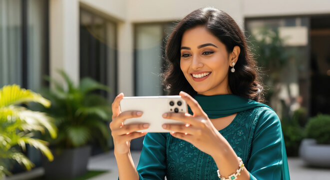 Smiling young Indian woman happily engaging with smartphone