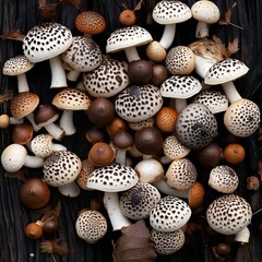 Charming Heap of Spotted Mushrooms on Wood A Natural Delight for Culinary Projects and Design