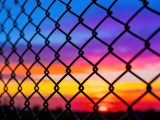 Fototapeta premium A vibrant sunset is visible through a chain link fence, showcasing a blend of colorful hues in the sky.