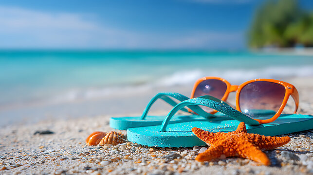 Turquoise flip flops orange sunglasses starfish seashells on sandy beach ocean