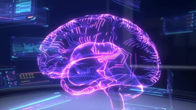Futuristic Visualization of a Neon Brain with Digital Circuitry: A Stunning Exploration of Artificial Intelligence and Cognitive Technology in a High-Tech Environment