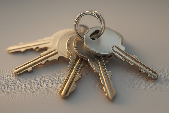 A realistic bunch of modern house keys on a key-ring, with clean metal surfaces and soft studio lighting