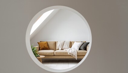 Serene Interior Composition with Circular Aperture, Warm Tones, and Geometric Forms.