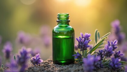 Green bottle with lavender essential oil. Concept of aromatherapy, alternative medicine, spa. Bottle with essential oil surrounded with violet lavandula flowers on neutral beige ground under