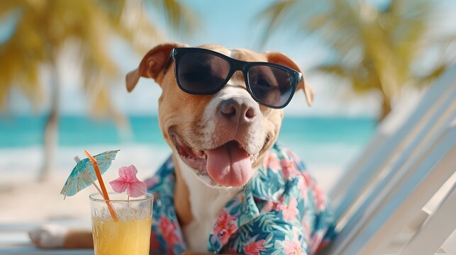 Adorable pitbull type dog in a colorful Hawaiian shirt and sunglasses enjoys a refreshing tropical drink while lounging on a sunny beach evoking a vacation mood