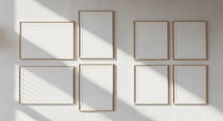 Fototapeta premium Blank picture frames arranged on a textured wall with natural light casting shadows, perfect for mockups and interior design concepts