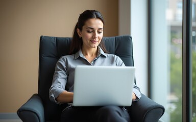 Middle aged business woman sitting in chair with laptop computer. High quality