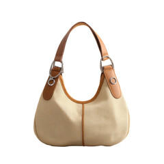 Cream bag w/ brown trim and silver hardware, isolated