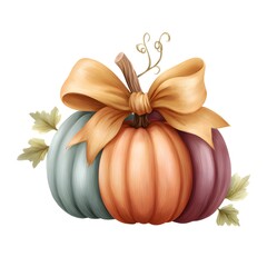 Autumn pastel pumpkins with golden ribbon and leaves, elegant fall harvest illustration, seasonal Thanksgiving decor in soft watercolor style