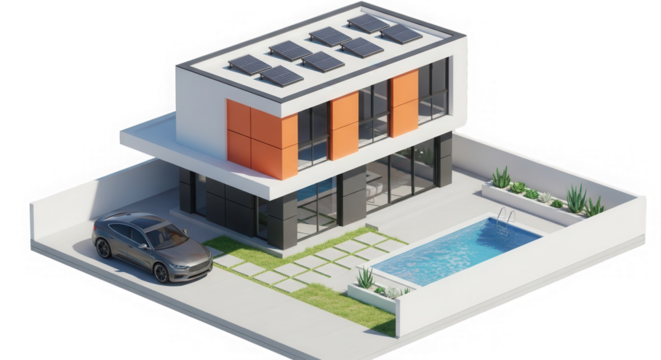 Modern smart home with solar panels and car by pool isolated on transparent background - Powered by Adobe
