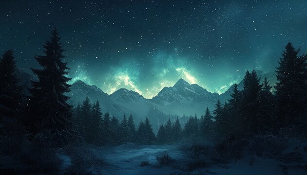 Majestic snow-covered mountains glow beneath a vibrant celestial display over a dark forest