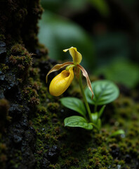 Yellow orchid flower blooming amidst green moss in a natural setting  