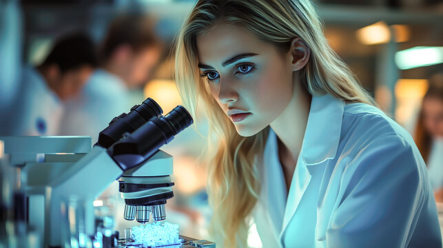 A scientist woman working hard to learn new things in a science lab. Generative Ai.