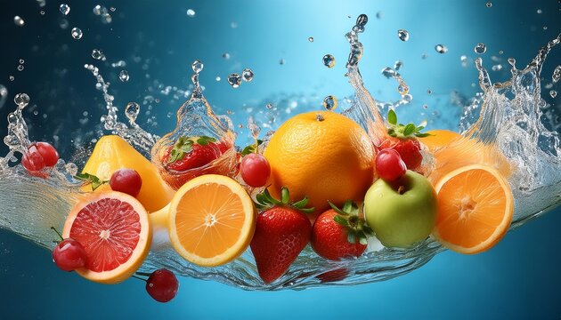 fresh fruits splashing in clear water showcasing vibrant colors and refreshing nature