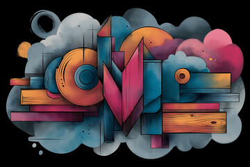 Logo for woodworking hobbyists with tools, wood patterns, and graffiti color mix