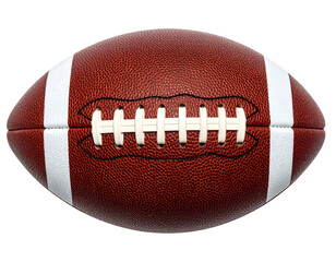 A brown, oval-shaped ball with white stripes and laces