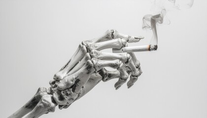 A skeleton hand holds a lit cigarette with smoke rising against a white background, symbolizing mortality and the dangers of smoking.