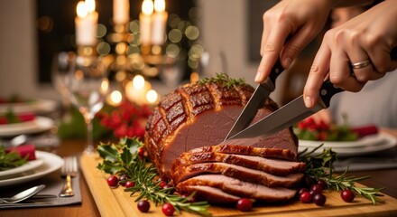 Hands slicing a glazed ham on a wooden cutting
