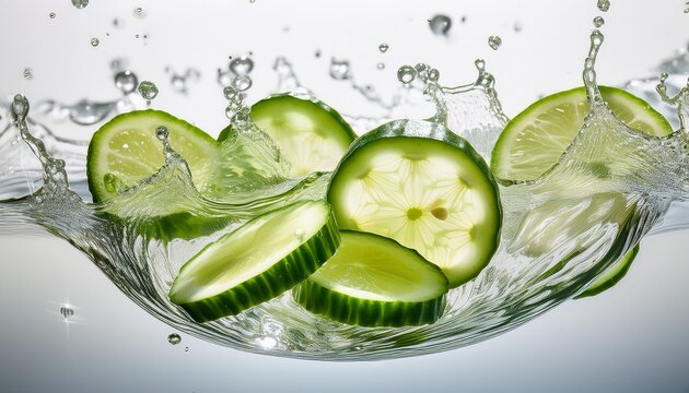 fresh lime and cucumber slices splash in clear water creating vibrant refreshing visuals