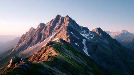 A breathtaking panoramic view of towering rugged mountain peaks at dawn illuminated by warm golden sunlight that casts long shadows across snowy slopes and verdant ridges
