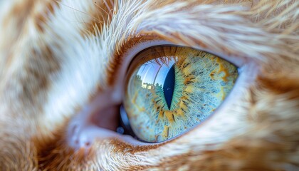 Close-up shot of a cat's eye, showcasing its intricate details, colors, and texture with orange fur surrounding it.
