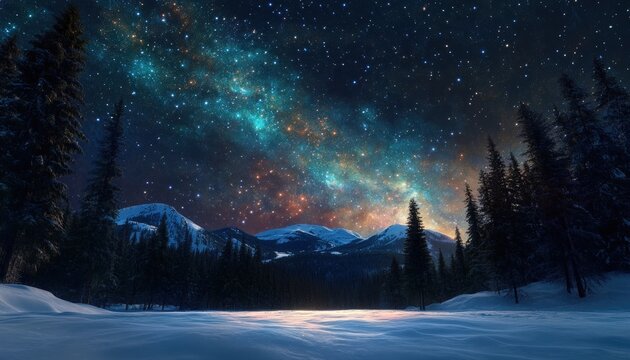 Brilliant celestial band arches over snow covered mountains and dark evergreen forest