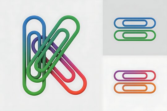 Colorful paperclips arranged in a K shape and in pairs on a white background stationery office - Powered by Adobe
