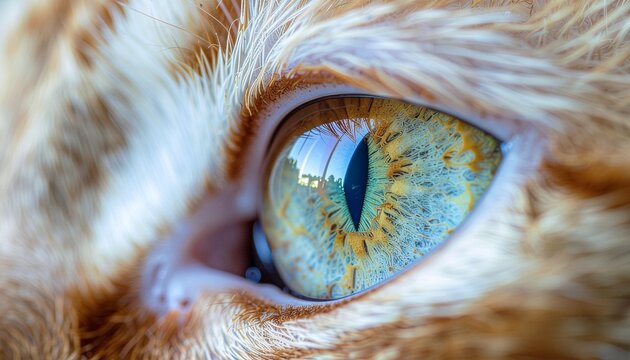 Close-up shot of a cat's eye, showcasing its intricate details, colors, and texture with orange fur surrounding it. - Powered by Adobe