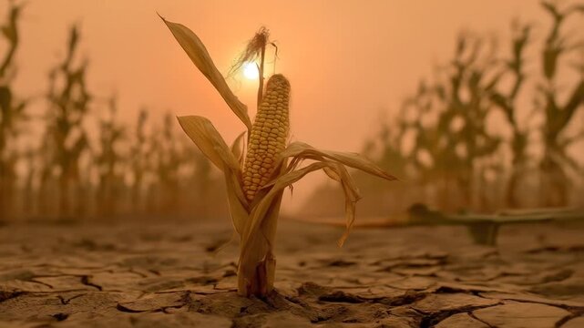 A singular corn stalk stands in cracked, parched earth, facing the setting sun and rows of dry crops