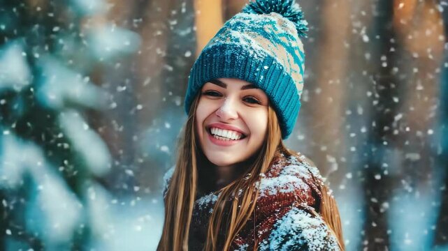 A woman wearing a blue hat and a red scarf. She is smiling. The hat is blue and has a pom pom on top