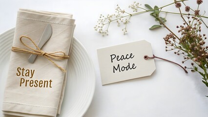 A folded napkin with cutlery next to a peace mode tag on white