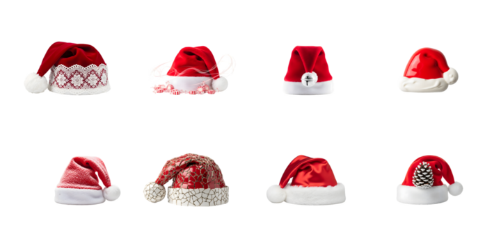 Collection of eight different design santa hats for christmas holiday isolated on transparent background