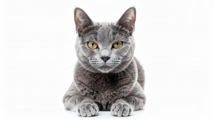 Obraz premium A regal grey cat gazes directly at the viewer, resting on a white background.
