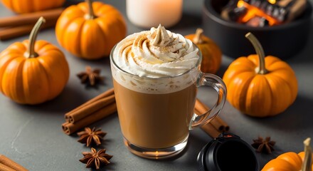 Pumpkin spice latte with autumn decorations