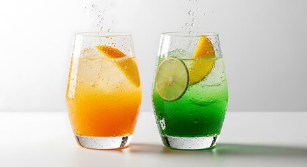 Two refreshing cocktails with fruit garnishes on a white background.