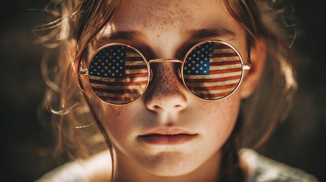 Young girl with sunglasses reflecting American flag outdoors  