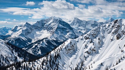 Snowy mountain range under a blue sky with white clouds on a sunny day in the winter season