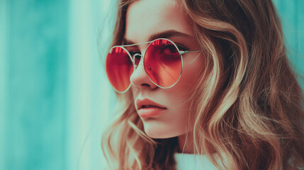 Young woman with wavy hair wearing red sunglasses in pastel background  