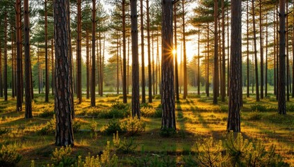 Naklejka premium Sunlight shining through the trees in a forest during sunset creating a warm and peaceful atmosphere