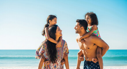 Happy Family Enjoying Beach Vacation with Piggyback Rides