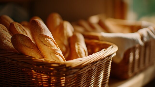 Freshly baked baguettes in a rustic basket at a cozy bakery in the morning sunlight
