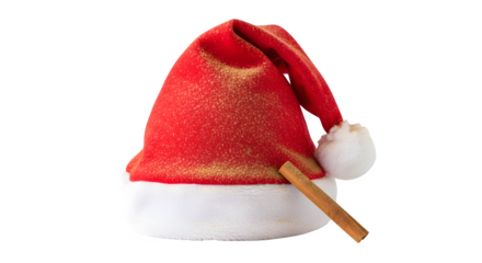 Festive santa hat with cinnamon stick isolated on transparent background