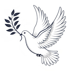 Obraz premium White dove holding olive branch in flight with detailed wings 
