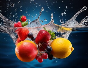 fresh fruits splash in water showcasing vibrant colors and refreshing appeal