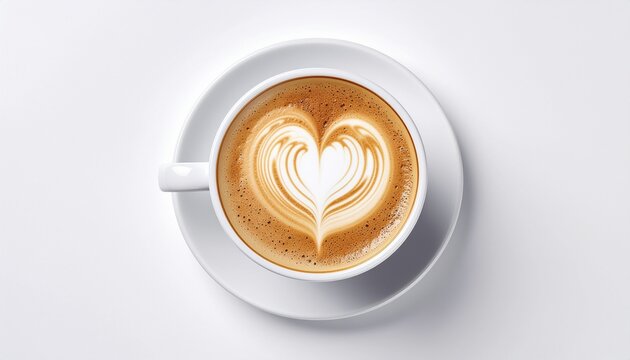 Overhead view of a latte with heart-shaped foam art on a white saucer.